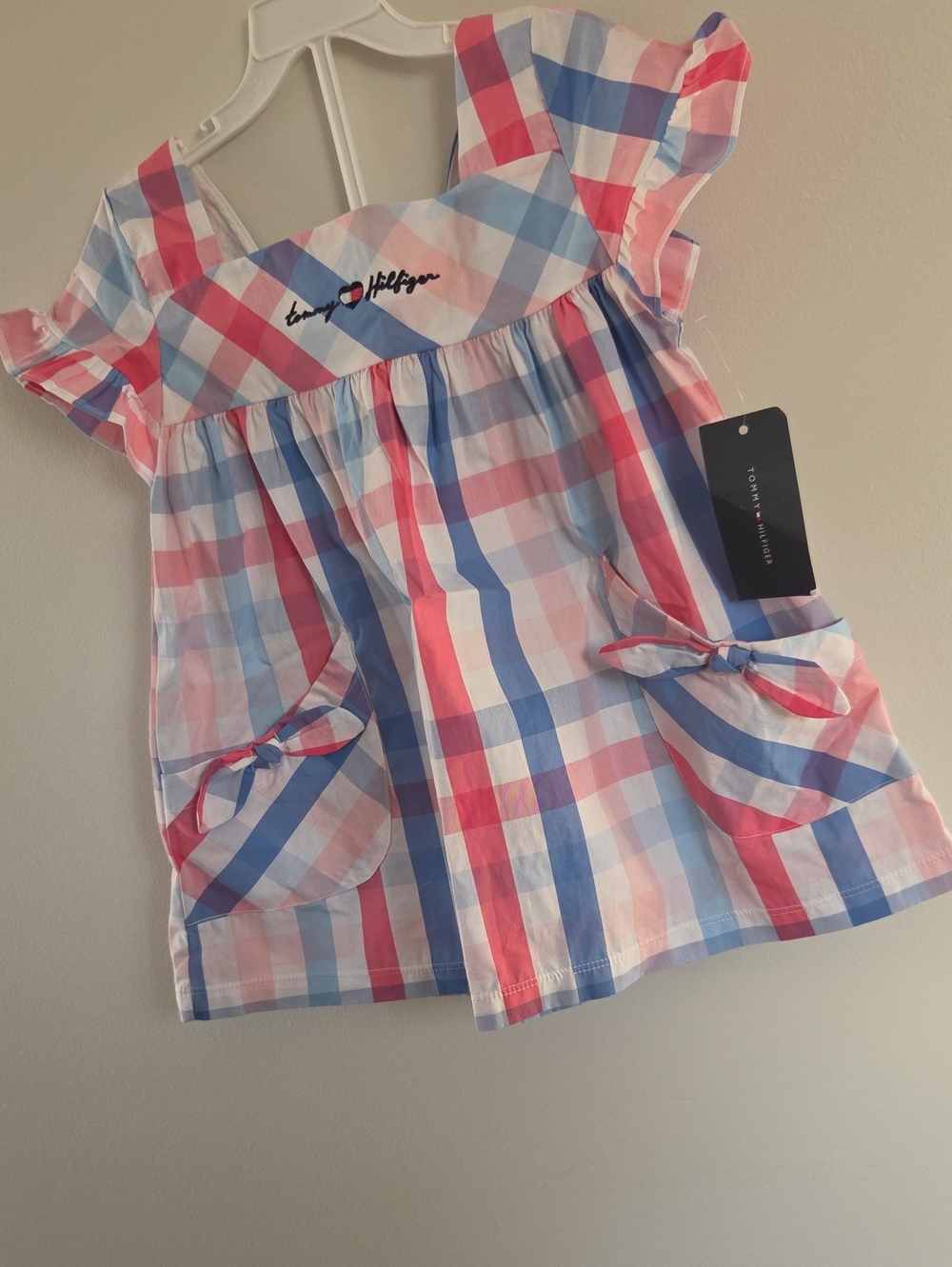 Tommy Hilfiger Pink, Blue & White Plaid Ruffle Sleeve Top